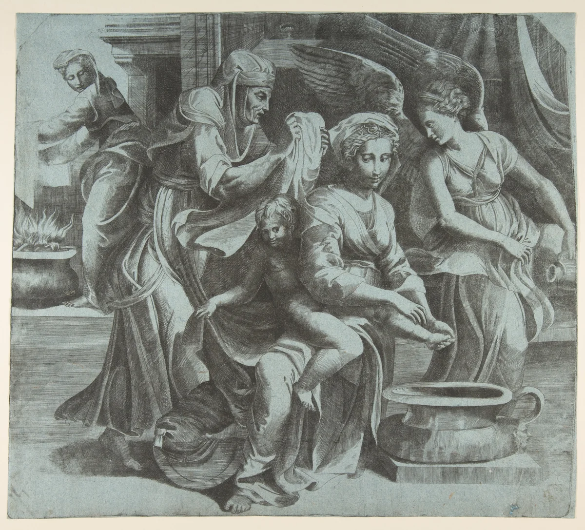 The Virgin washing the Christ Child accompanied by figures and an angel at right by Giulio Bonasone, print, 1520-1600