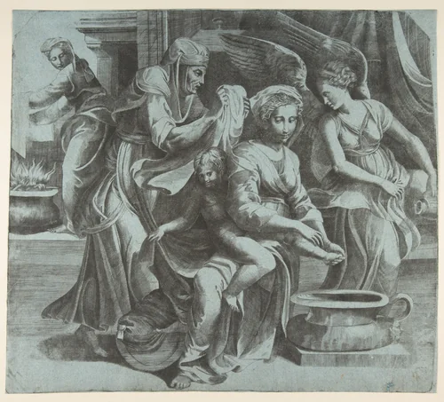 The Virgin washing the Christ Child accompanied by figures and an angel at right by Giulio Bonasone, print, 1520-1600