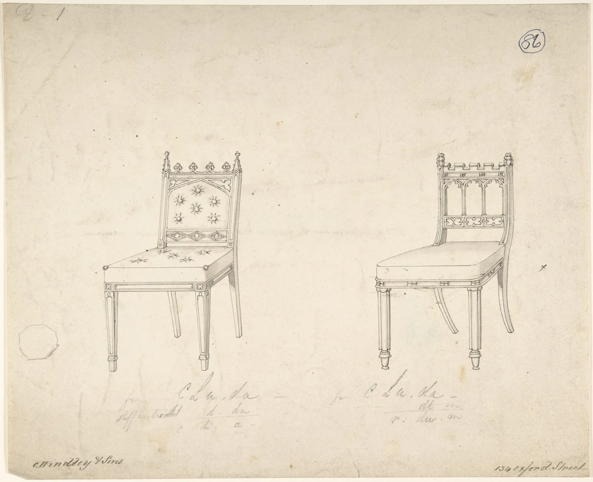 Designs for Two Chairs by Charles Hindley and Sons, drawing, 1841-1884