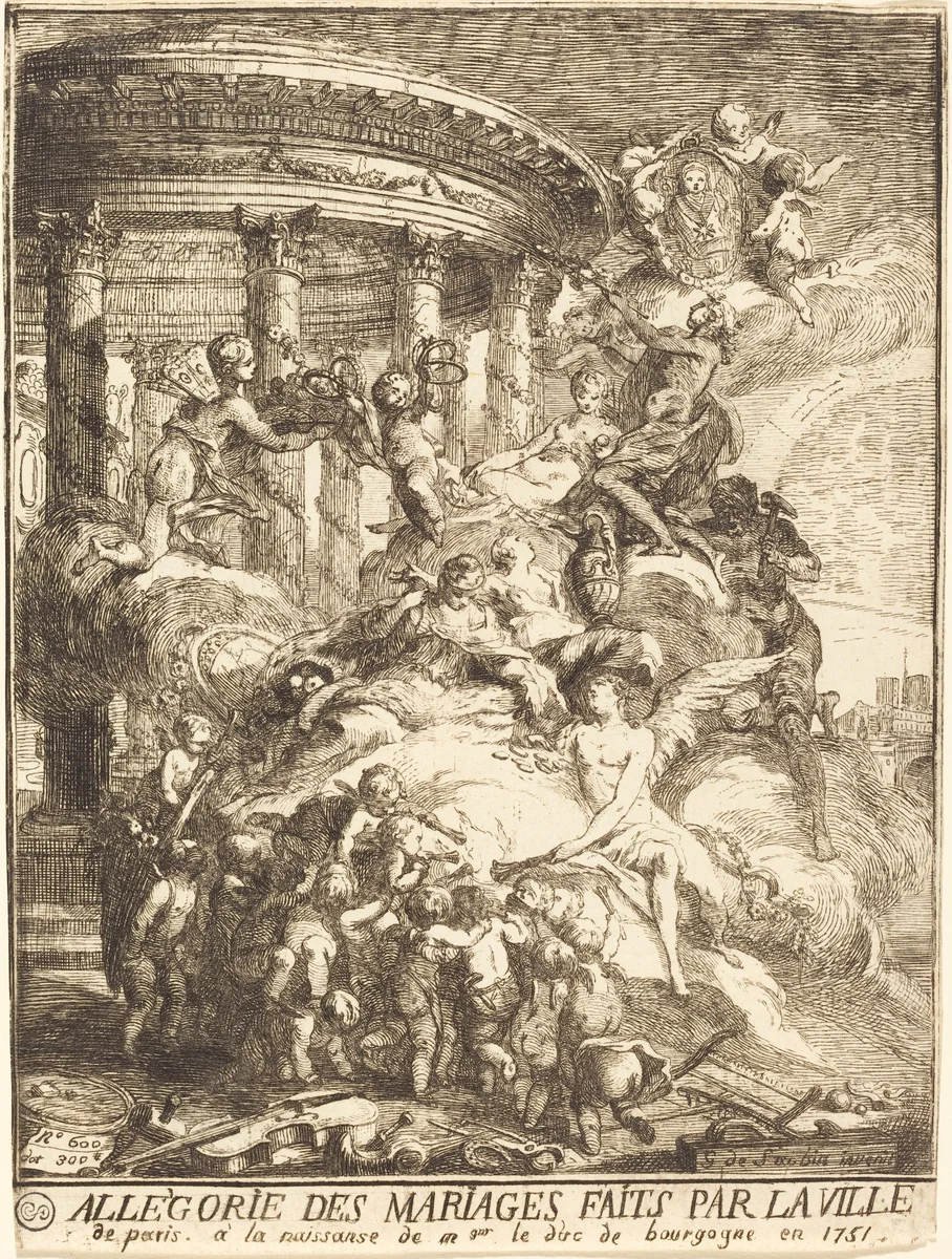 Allégorie des mariages faits par la ville de Paris à la naissance du duc de Bourgogne (Allegory of the Marriages Performed by the City of Paris in Honor of the Birth of the Duc de Bourgogne in 1751) by Gabriel de Saint-Aubin, print, 1751