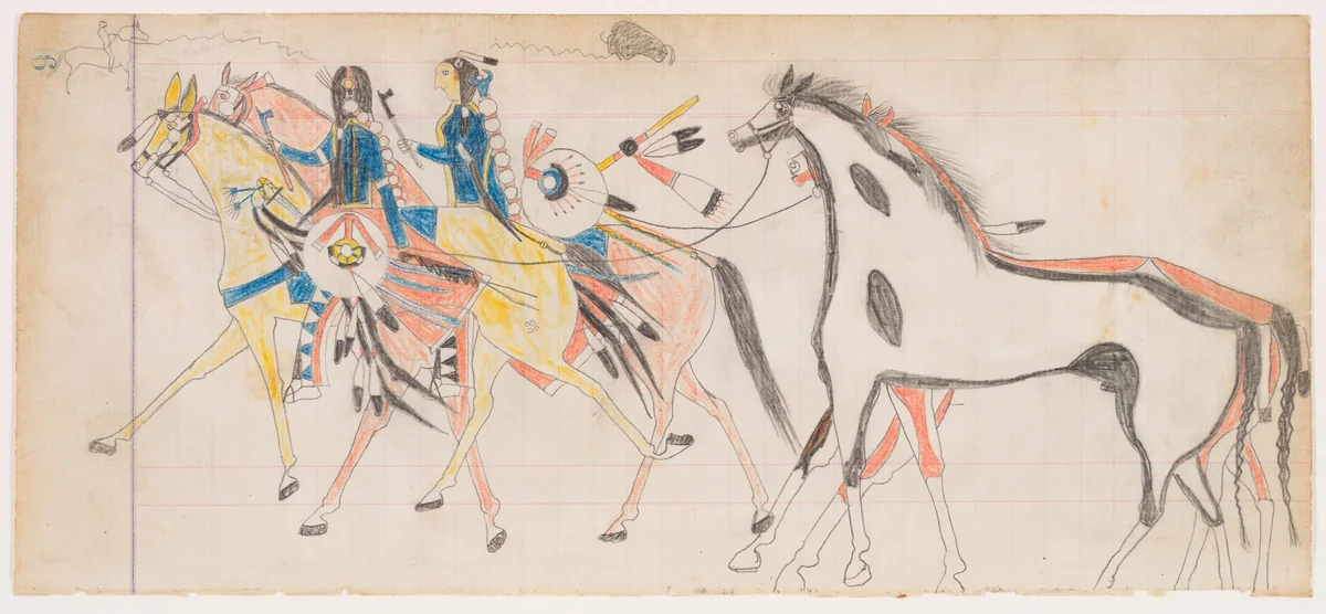 Two Riders Leading Horses (Henderson Ledger Artist B) by Frank Henderson, drawing, 1862-1902