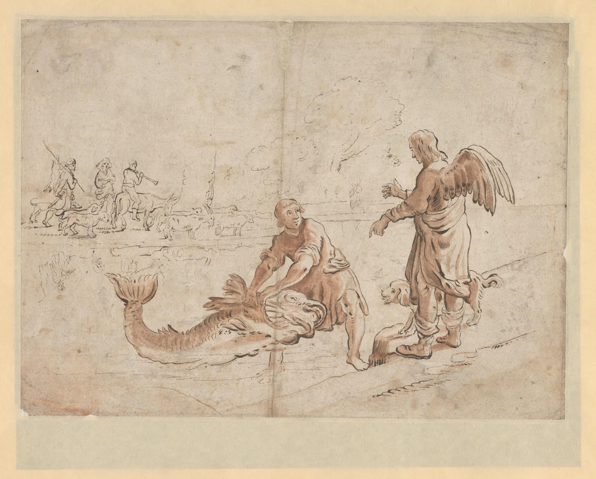 Tobias en de vis by anonymous, drawing, 1613-1700