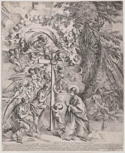 The dream of St Joseph, who is sleeping at the right, the Virgin and Child by a cross surrounded by angels and many putti and with God the Father above by Pietro Testa, print, 1600-1650