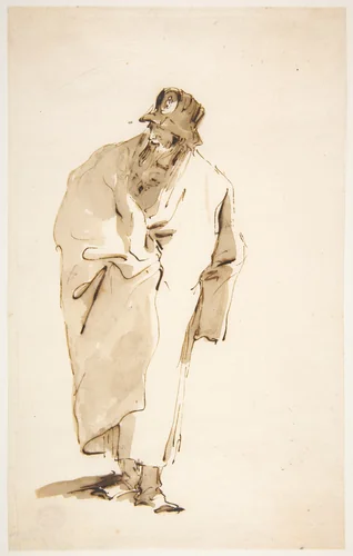 Standing Man in a Full Coat and High Hat with a Medaillon by Giovanni Battista Tiepolo, drawing, 1696-1770
