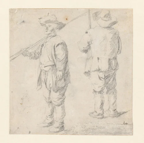 Twee schetsen van een staande man met een stok by David Teniers, drawing, 1620-1690