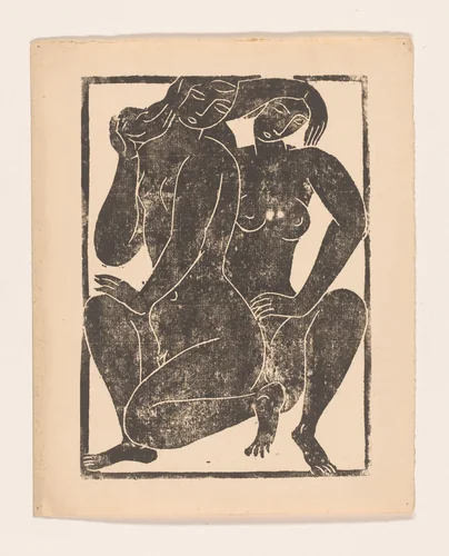 Twee gehurkte naakte vrouwen by Moissej Kogan, print, 1889-1943