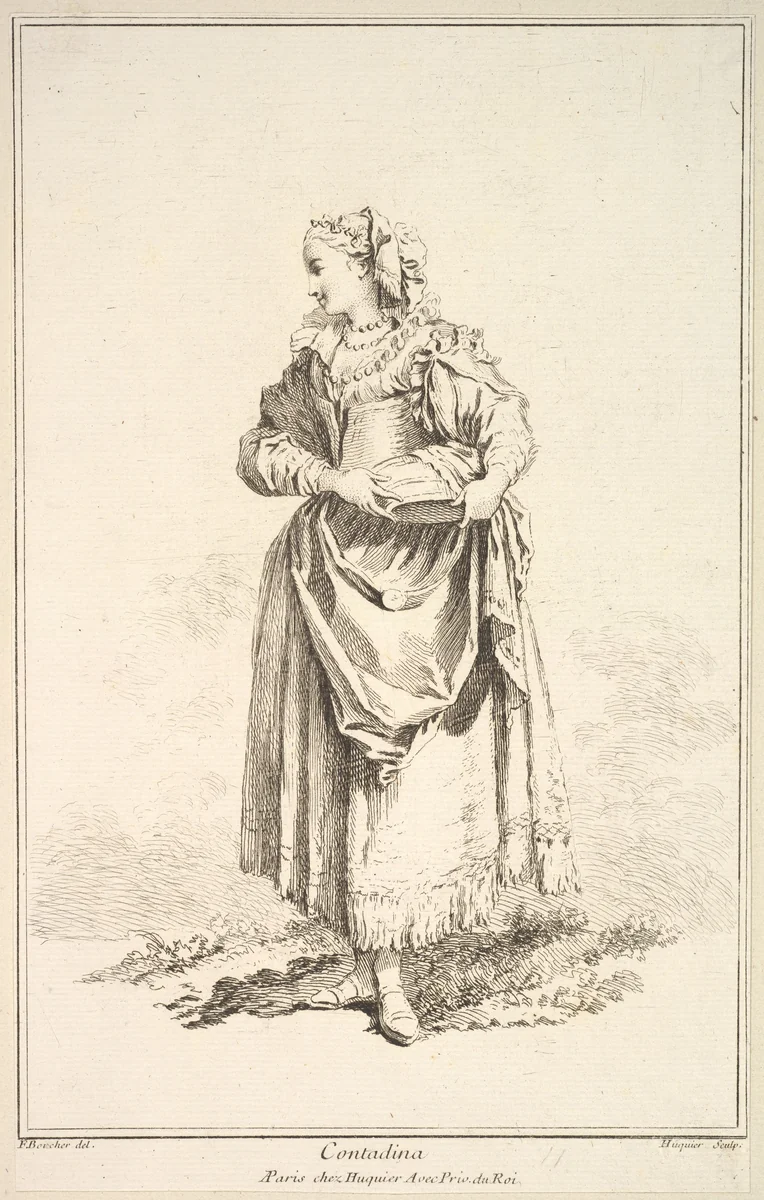 Contadina, plate 7 from "Recueil de diverses fig.res étrangeres Inventées par F. Boucher P.tre du Roy et Gravées par F. Ravenet" (Collection of Various Foreign Figures, Devised by F. Boucher, Painter of the King and Engraved [etched] by F. Ravenet) by Gabriel Huquier, print, 1710-1772