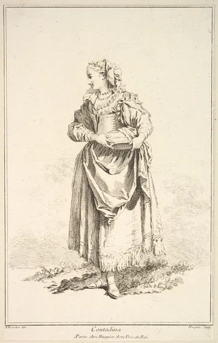 Contadina, plate 7 from "Recueil de diverses fig.res étrangeres Inventées par F. Boucher P.tre du Roy et Gravées par F. Ravenet" (Collection of Various Foreign Figures, Devised by F. Boucher, Painter of the King and Engraved [etched] by F. Ravenet) by Gabriel Huquier, print, 1710-1772