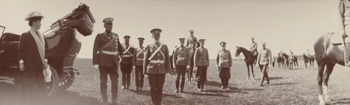 Generals Arapov, Gazenkampf, Budberg and Danilov with Grand Duchess Olga Alexandrovna Beside a Car, Gatchino by Unidentified Photographer, photograph, 1909