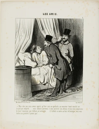 “- My dear friend, we have learned yesterday at the theatre that a gentleman has inadvertedly stepped on your foot.... We have come to get his address and we are eager to announce that the affair is arranged.... He is waiting for you this morning in the Bois de Boulogne. You will raise pistols at a distance of 15 paces,” plate 1 from Les Amis by Honoré-Victorin Daumier, print, 1845
