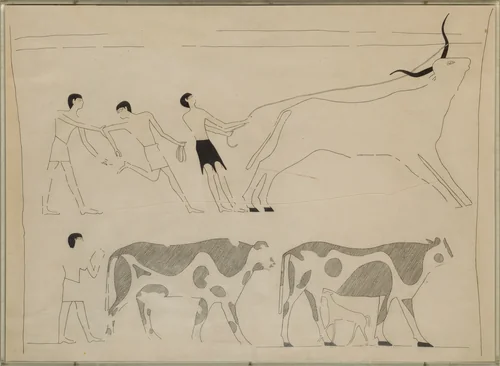 Men Roping a Bull and Driving Cattle, Tomb of Djari by Unknown Copyist, artwork, -2050