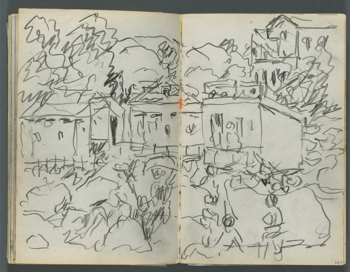 Sketchbook, The Dells, N° 127, page 146 & 147: Landscape with figures and buildings by Maurice Prendergast, book, 1919-1921