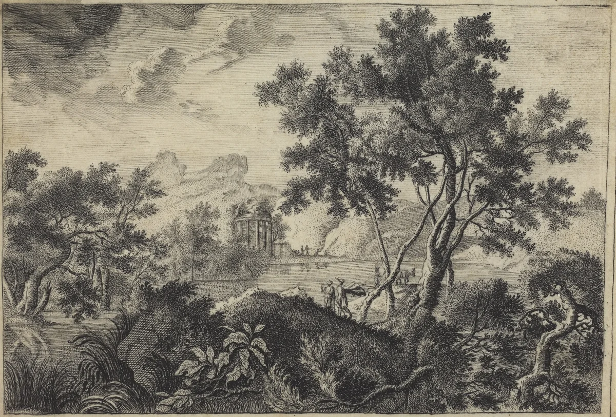 Classical Landscape with a Tempietto by Frédéric de Moucheron, drawing, 1633-1686