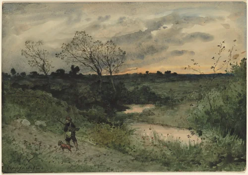 Dawn—Hunter with Dog by Henri Joseph Harpignies, drawing, 1882
