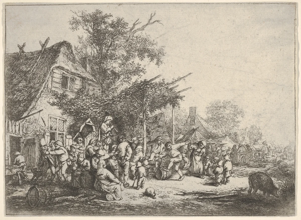 A group of figures dancing under a trellis attached to a house, a standing figure carrying a drum and holding a horn to his mouth, surrounded by onlookers, a lane with houses and carriages beyond by Adriaen van Ostade, print, 1650-1655