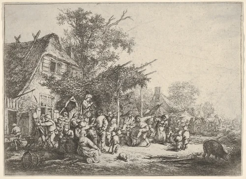 A group of figures dancing under a trellis attached to a house, a standing figure carrying a drum and holding a horn to his mouth, surrounded by onlookers, a lane with houses and carriages beyond by Adriaen van Ostade, print, 1650-1655