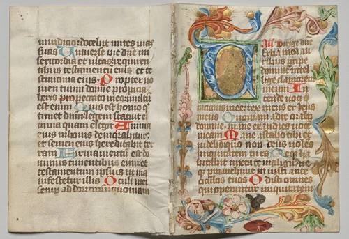 Bifolio from a Book of Hours: Initial V with Floral Border (recto) by Unknown, manuscript, 1460-1500