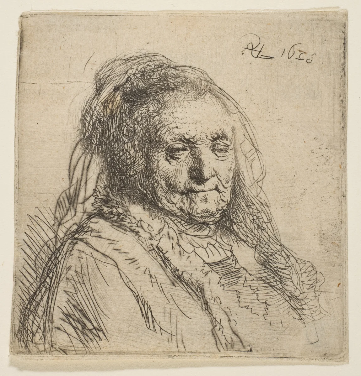 The Artist's Mother: Head and Bust, Three-Quarters Right by Rembrandt van Rijn, print, 1628