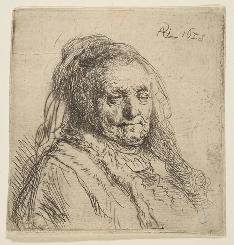 The Artist's Mother: Head and Bust, Three-Quarters Right by Rembrandt van Rijn, print, 1628