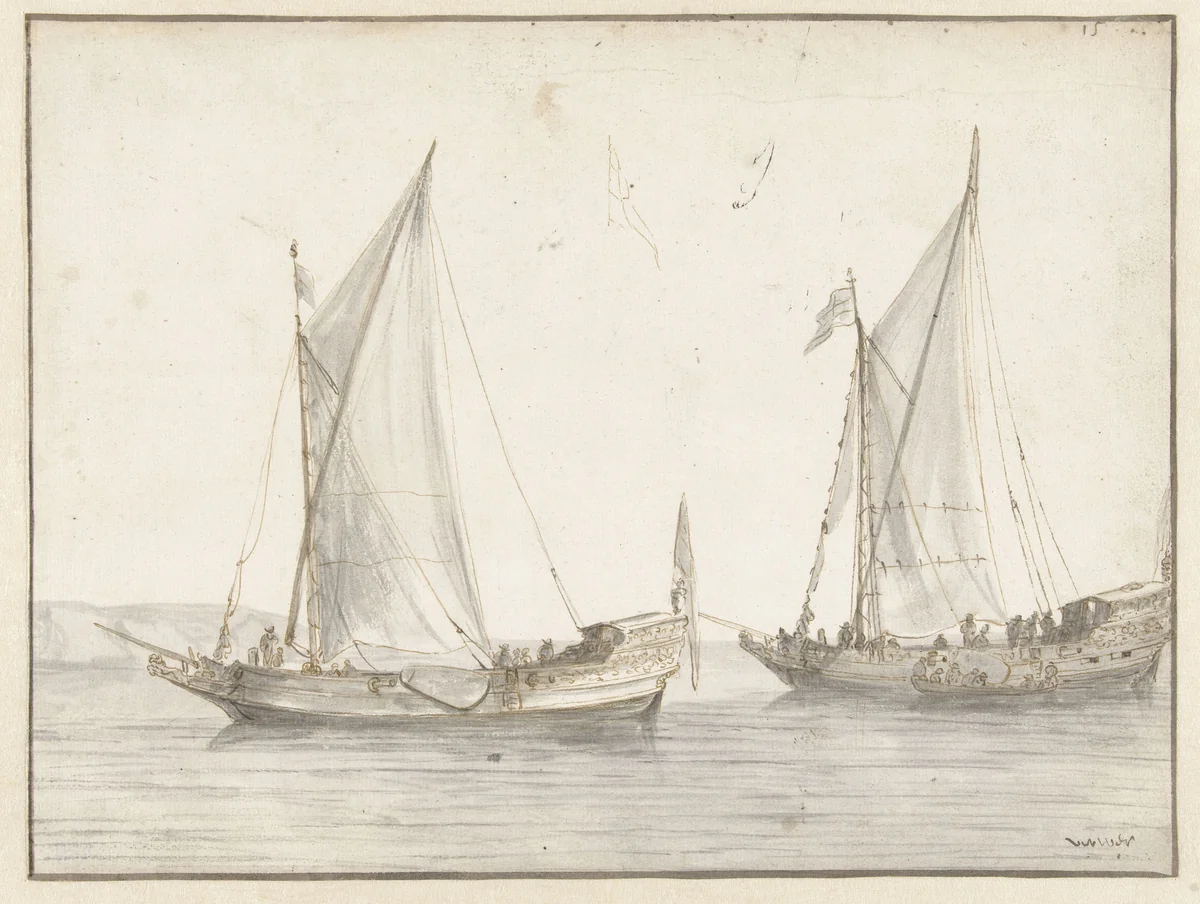 Stille zee met twee jachten by Abraham de Verwer, drawing, 1600-1650