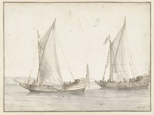 Stille zee met twee jachten by Abraham de Verwer, drawing, 1600-1650