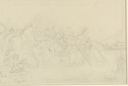 Ruiters laten hun paarden drinken by Eugène Delacroix, drawing, 1808-1863