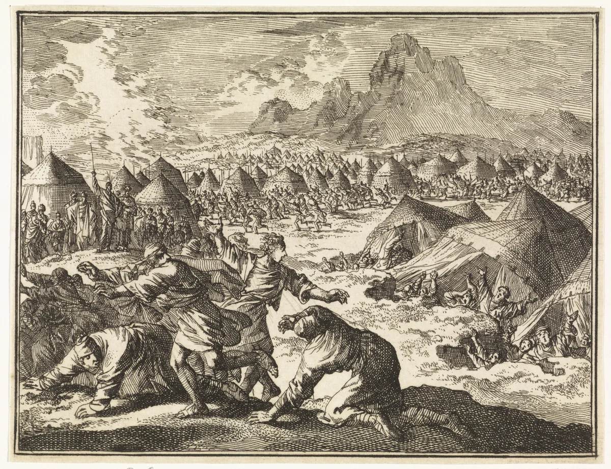 Korach, Datan en Abiram en hun gezinnen worden door de aarde verzwolgen by Jan Luyken, print, 1712