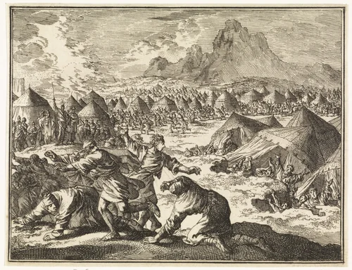 Korach, Datan en Abiram en hun gezinnen worden door de aarde verzwolgen by Jan Luyken, print, 1712