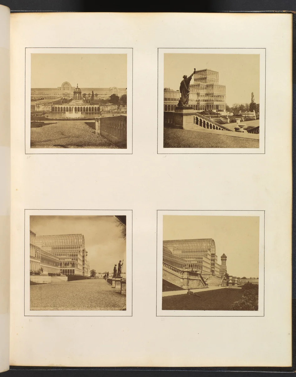 [Exterior View of Facade and Fountains; Exterior View of Side Pavilion; Exterior Side View of Central Transept; Exterior Side View of Central Trancept with Reclining Figure in Foreground] by Philip Henry Delamotte, photograph, 1857-1861