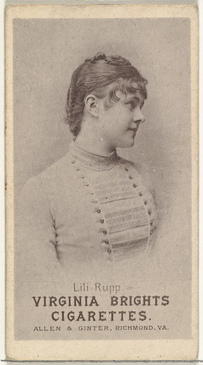 Lili Rupp, from the Actresses series (N67) promoting Virginia Brights Cigarettes for Allen & Ginter brand tobacco products by Allen & Ginter, print, 1885-1893