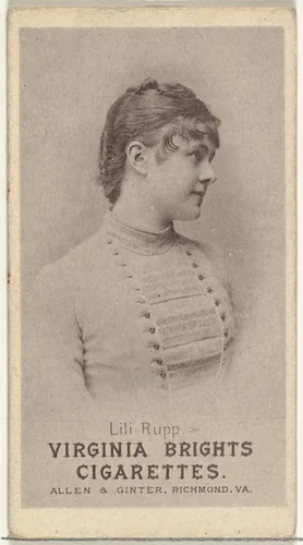 Lili Rupp, from the Actresses series (N67) promoting Virginia Brights Cigarettes for Allen & Ginter brand tobacco products by Allen & Ginter, print, 1885-1893