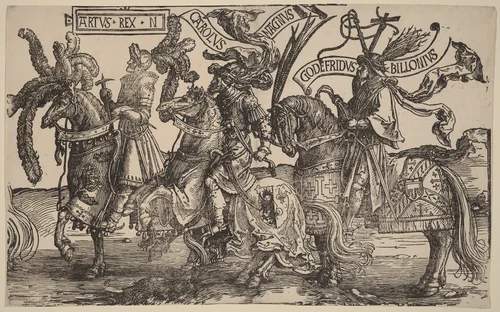 Arthur, Charles the Great (Charlemagne), Godfry of Bouillon by Lucas van Leyden, print, 1515-1517