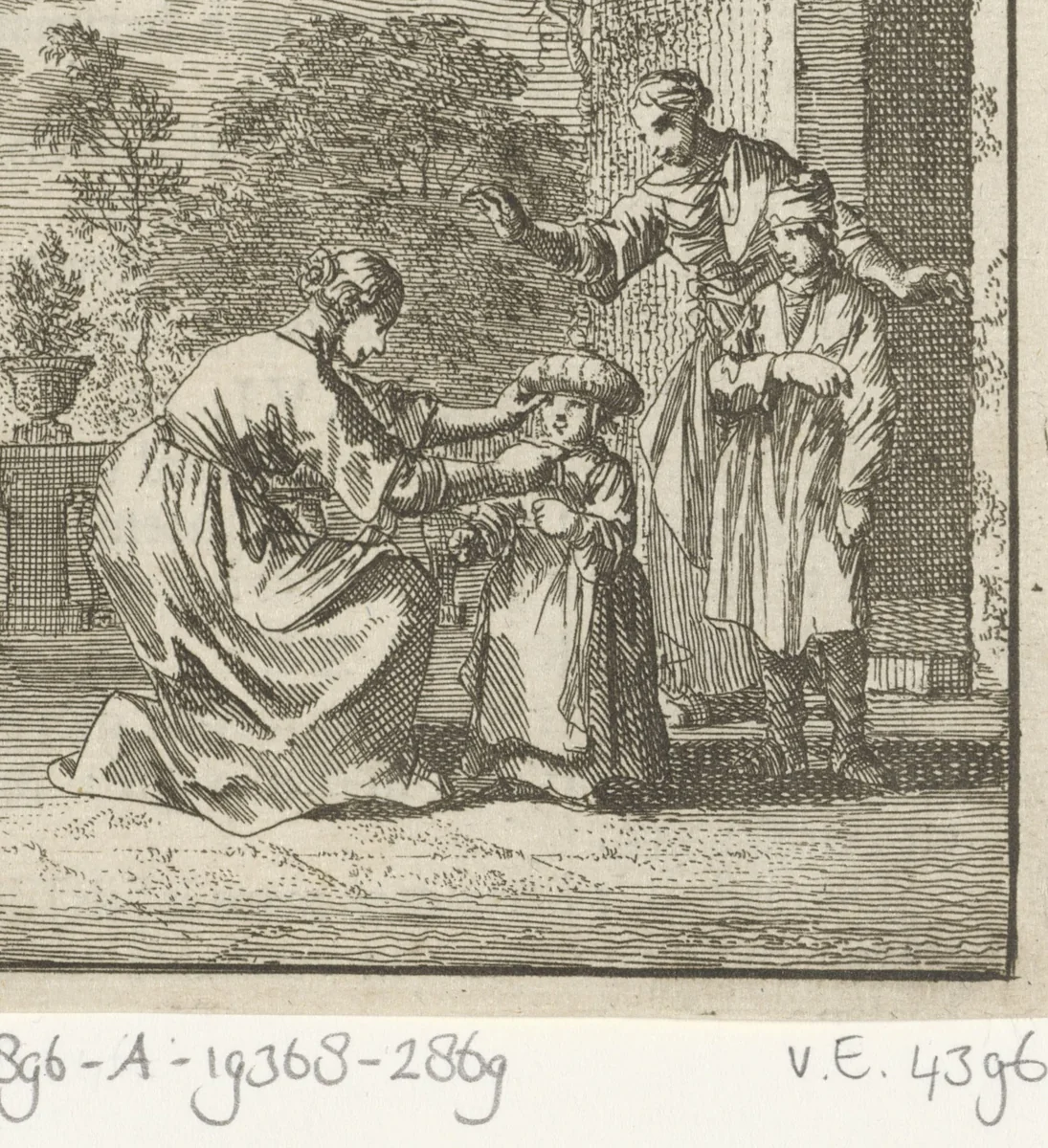 Kind wordt in de tuin een beschermend hoofddeksel opgezet by Jan Luyken, print, 1712