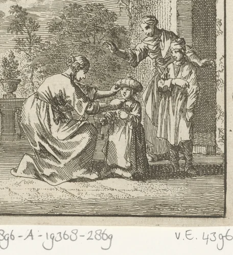 Kind wordt in de tuin een beschermend hoofddeksel opgezet by Jan Luyken, print, 1712