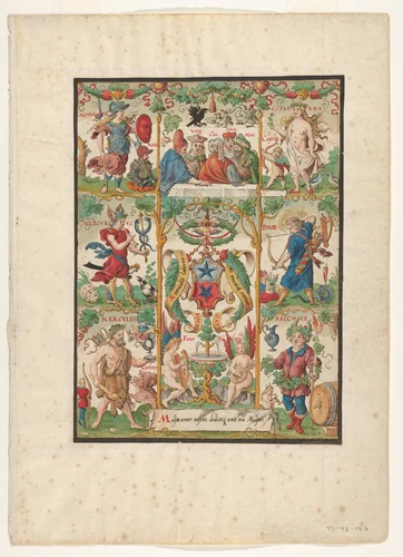 Classical Allegory with the arms of the Ochsenfelder by Virgil Solis, drawing, 1534-1562