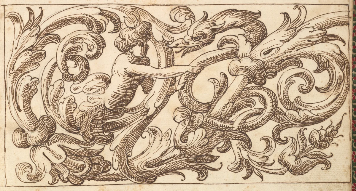 Horizontal Panel Design with a Young Man and a Fantastical Creature Interspersed between Acanthus Rinceaux by anonymous, drawing, 1600-1650