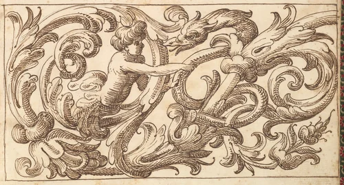 Horizontal Panel Design with a Young Man and a Fantastical Creature Interspersed between Acanthus Rinceaux by anonymous, drawing, 1600-1650