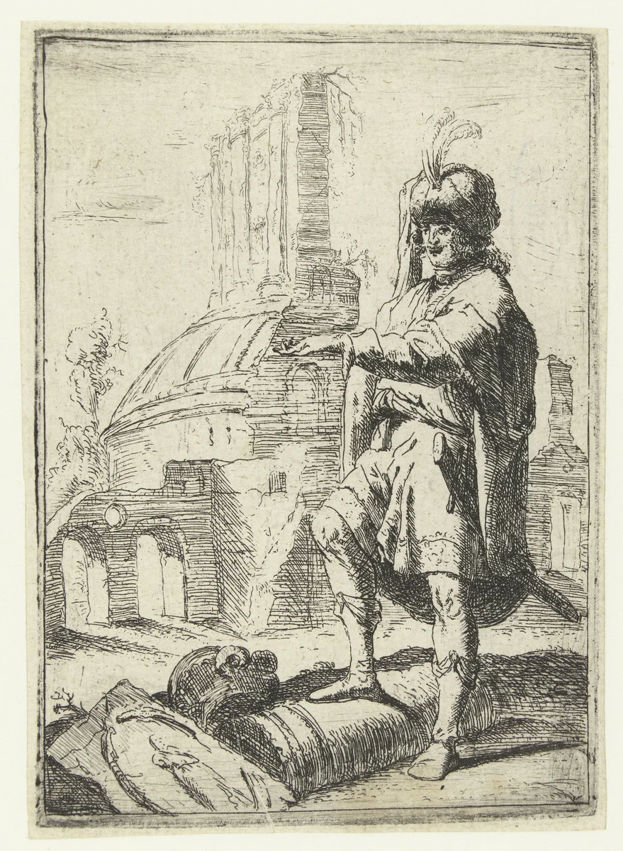 Zelfportret met Oosterse kleding staand voor ruïnes by Bartholomeus Breenbergh, print, 1619-1659