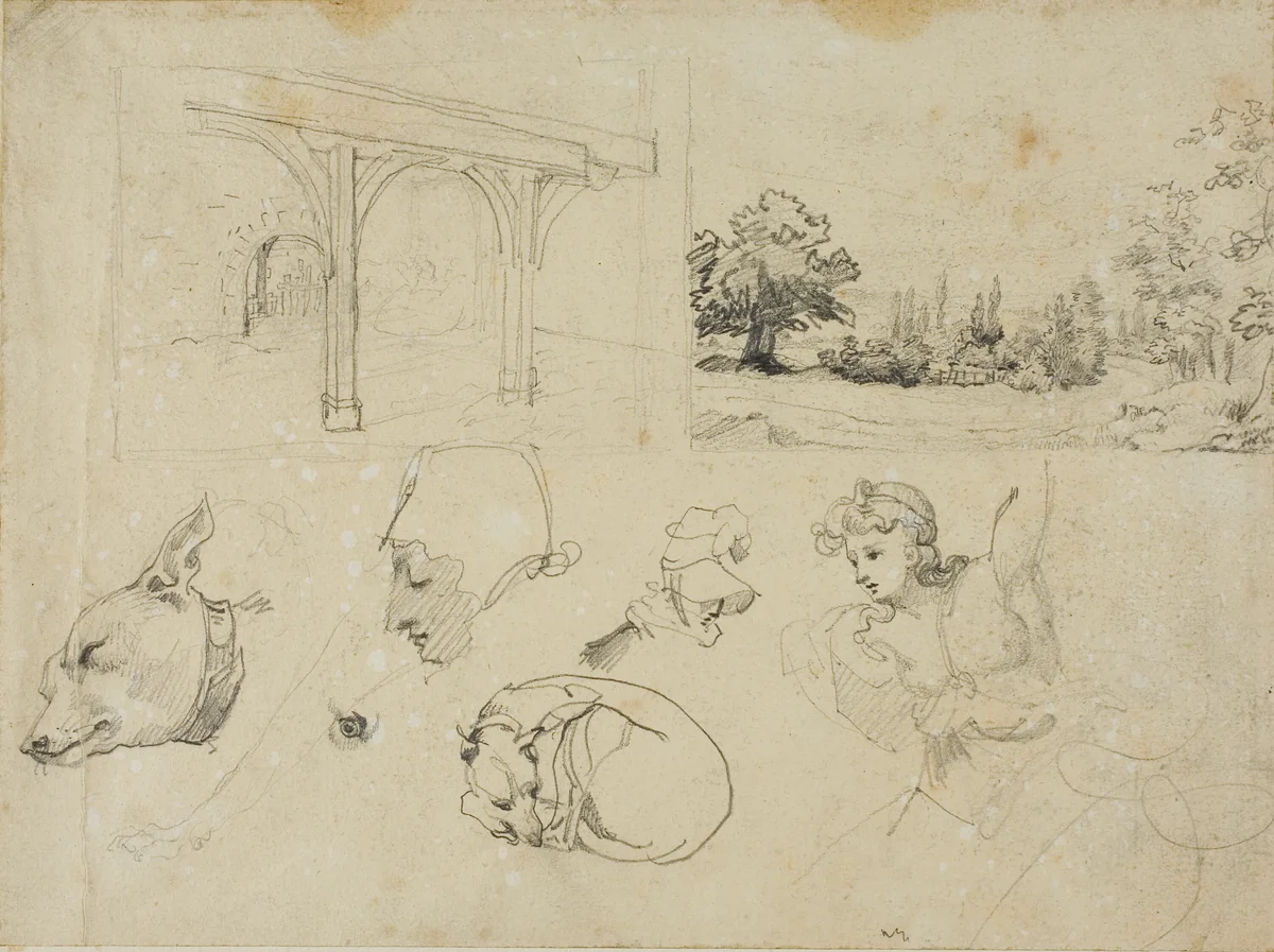 Sketches of A Shed, A Landscape, Dogs and Various Figures by Jean Louis André Théodore Géricault, drawing, 1813-1814