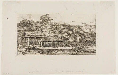 Native Barns and Huts at Akaroa, Banks' Peninsula, 1845 by Charles Meryon, print, 1865