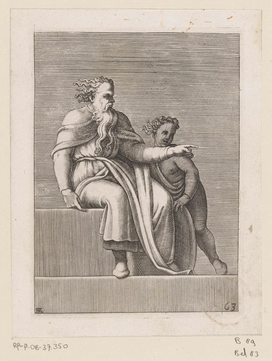 Wijzende oude man met kind by Unknown, print, 1585