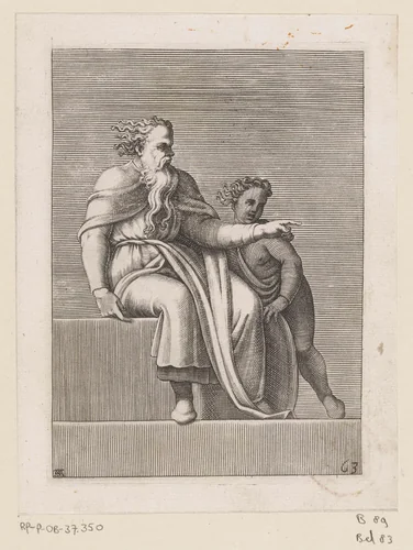 Wijzende oude man met kind by Unknown, print, 1585