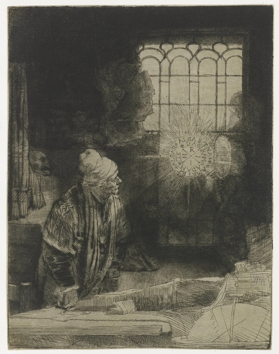 A Scholar in his Study (‘Faust’) by Rembrandt van Rijn, print, 1652