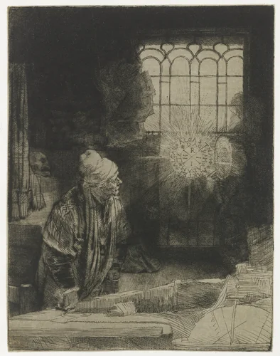 A Scholar in his Study (‘Faust’) by Rembrandt van Rijn, print, 1652