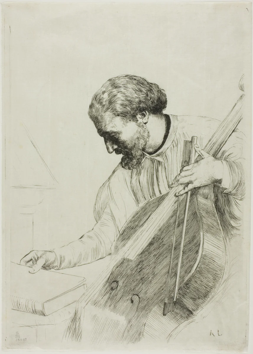 The Double Bass Player by Alphonse Legros, print, 1868-1878