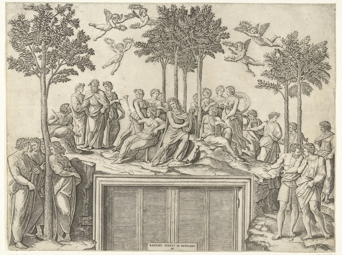 Apollo en muzen op berg Parnassus by anonymous, print, 1517-1570