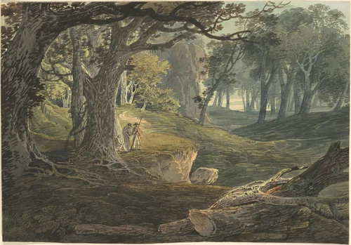 Travellers in a Woodland Glade by William Payne, drawing, 1795-1805