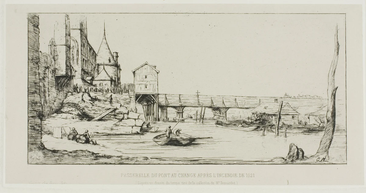 The Footbridge Temporarily Replacing the Pont-au-Change, Paris, After the Fire of 1621 by Charles Meryon, print, 1860