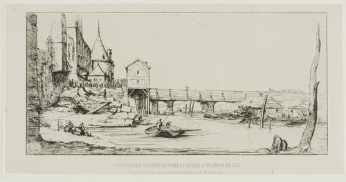 The Footbridge Temporarily Replacing the Pont-au-Change, Paris, After the Fire of 1621 by Charles Meryon, print, 1860