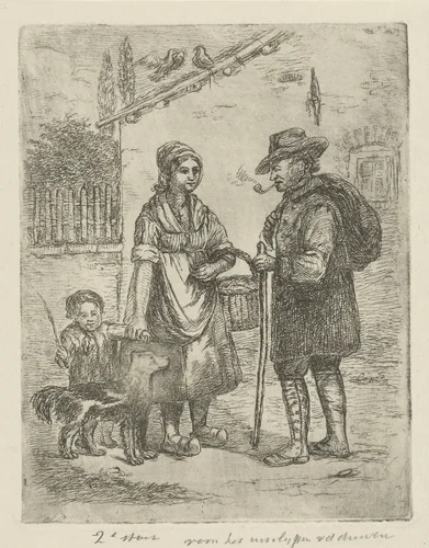 Boer en boerin bij een hoeve by David van der Kellen, print, 1814-1879